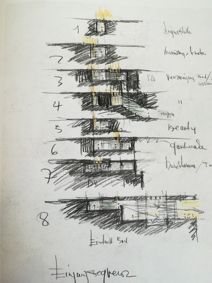 Zumthor Series of Sketches of Sections for the project Therme Vals